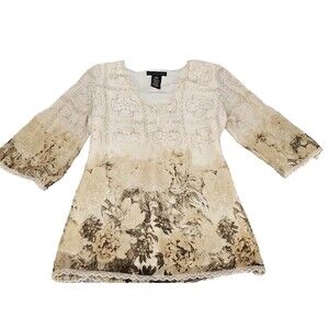 VTG 90s Tunic Top Women S Muted Beige Ombre Floral V-Neck Ethereal Whimsy Fairy